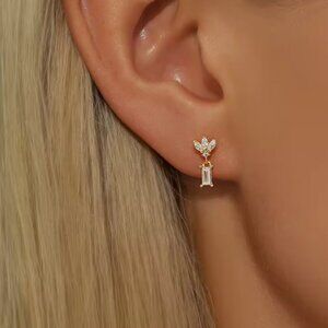 Dainty Baguette Crystal Drop Earrings Gold Sterling Silver Non Tarnish Jewelry